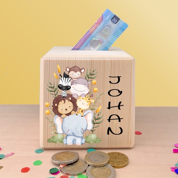 Personalized money box made of wood with jungle animals personalized with name printed in color ideal as a gift for boys and girls