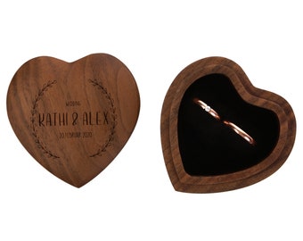 Ring box made of walnut wood in heart shape with engraving motif 02 - Ring cushion for the wedding engraved with name and date