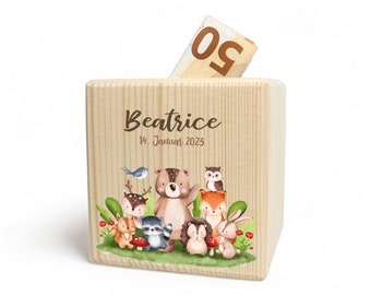 Personalized wooden money box with forest animals personalized with name printed in color ideal as a gift for boys and girls