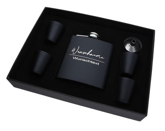 Personalized hip flask with engraving of your choice in a black gift set