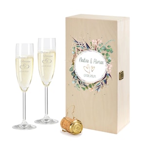 2 Leonardo champagne glasses in a gift box with engraved name for the wedding motif flowers pair of champagne glasses engraved gift idea