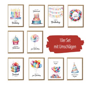 Geburtstagskarten für Kinder | 10er Set mit Umschlägen | niedliche Motive in Aquarell Farben | für Geburtstag und Glückwünsche