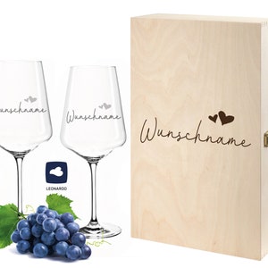 2 Leonardo wine glasses with engraving in vintage wooden box desired name gift idea for wedding