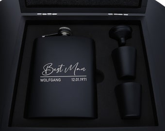 Stainless steel hip flask black with engraving Best Man | with 2 mugs and wooden gift box | Father's Day Gift Christmas Gift for Men