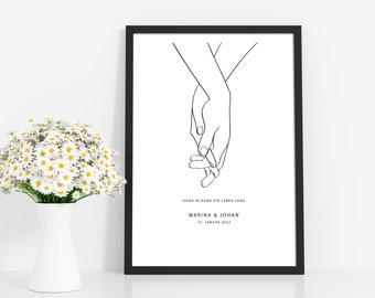 Póster, Impresión, Impresión de arte: MANOS Regalo personalizable Boda Día de San Valentín Nombres de parejas nupciales