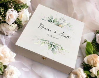 Wedding memory gift box personalized with eucalyptus border - wooden box for wedding photos - a great wedding gift