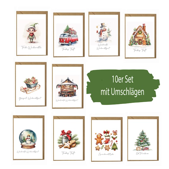 Set Di 10 Cartoline Natalizie Con Buste E Inserti - Carta Di Alta Qualità, Dorature In Rilievo, Per Auguri Personalizzati