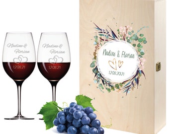 2 Leonardo Weingläser in Geschenkbox mit Gravur des Namens zur Hochzeit Motiv Flowers Paar Wein-Glas graviert Geschenkidee