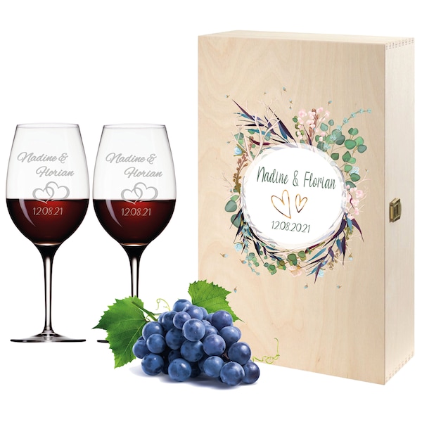 2 Leonardo Weingläser in Geschenkbox mit Gravur des Namens zur Hochzeit Motiv Flowers Paar Wein-Glas graviert Geschenkidee