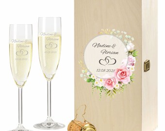 2 Leonardo Sektgläser in Geschenkbox mit Gravur des Namens zur Hochzeit Motiv Rose Paar Sekt-Glas graviert Geschenkidee