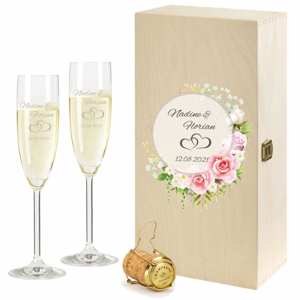 2 Leonardo champagne glasses in gift box with engraving of the name for the wedding motif rose pair of champagne glasses engraved gift idea