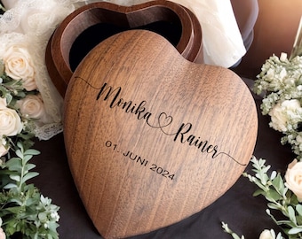 Wooden wedding ring box with engraving | Ring pillow for wedding rings engraved with names and dates