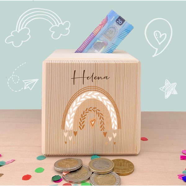 Caja de madera personalizada | Arco iris | impreso con nombre de color ideal como regalo cumpleaños navidad matrícula escolar alcancía