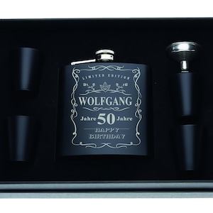 Personalized hip flask with engraving for birthday in gift set black