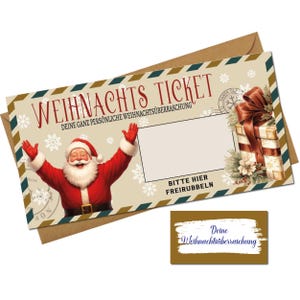 Könnte beinhalten: Ein Weihnachtsticket mit einer Illustration des Weihnachtsmanns. Das Ticket zeigt den Text "WEIHNACHTS TICKET" in Rot sowie weitere deutsche Texte. Das Design umfasst Schneeflocken, ein Geschenkpaket und einen braunen Umschlag.