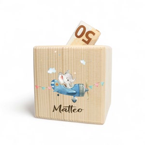 Personalized wooden money box | SKY FRIENDS | with name printed in color ideal as a gift birthday Christmas school enrollment piggy bank