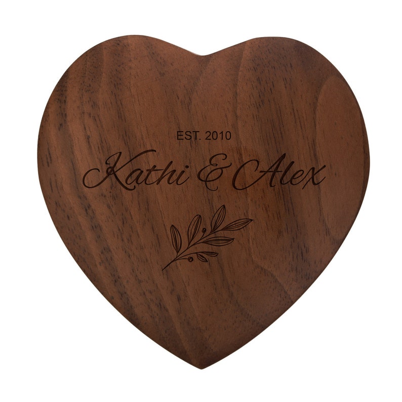 Ring box made of walnut wood in heart shape with engraving motif 01 ring pillow for the wedding engraved with names and date image 2