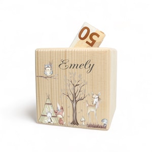 Personalized wooden money box | FOREST FRIENDS | with name printed in color ideal as a gift birthday Christmas school enrollment piggy bank