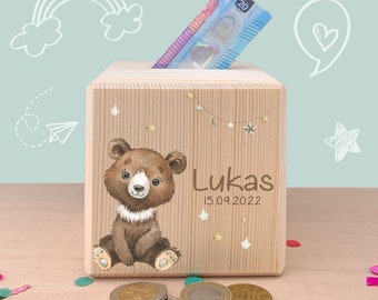 Personalized wooden money box | WOODLAND | Printed in color with name, ideal as a gift, birthday, Christmas, school, piggy bank