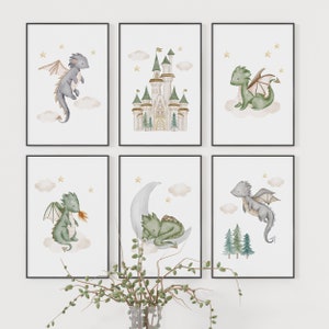 Poster SET Kinderkamer Drakenkasteel | Kinderkamer decoratie | Jongen Meisje Cadeau voor Geboorte/Doop | Dieren Foto's Kinderen Baby/Babykamer