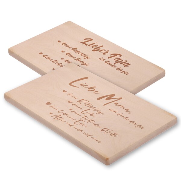 Breakfast Boards Set 01 with Engraving Love Mom + Dear Dad - 2 Engraved Wooden Cutting Boards for Father's Day and Mother's Day 26 x 15 cm