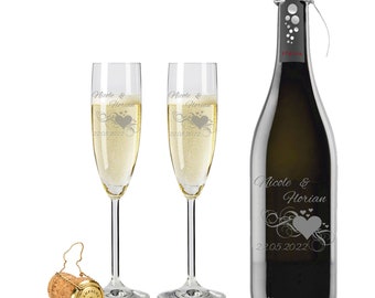 2 Leonardo Sektgläser mit 1 Flasche Prosecco und Gravur "Herz" Sekt-Glas graviert Hochzeit Geschenkidee Sektglas-Set personalisiert