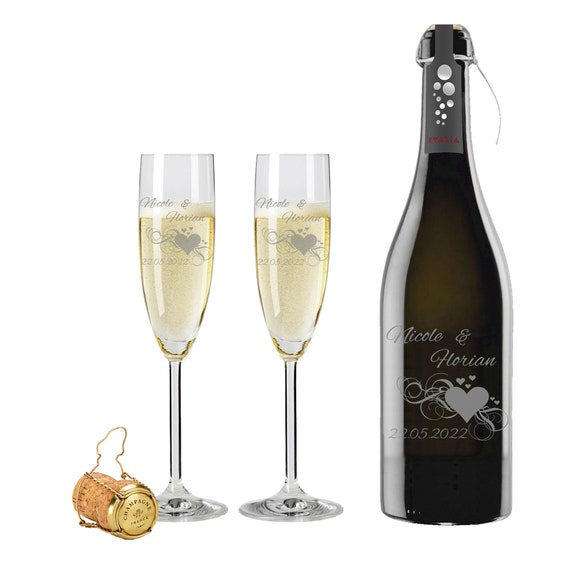 2 bicchieri di champagne Leonardo con 1 bottiglia di Prosecco e incisione  Cuore bicchiere di champagne inciso idea regalo di nozze set di bicchieri  di champagne personalizzato -  Italia