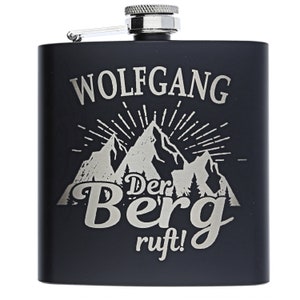 Stainless steel hip flask matt black with engraving of the name motif The mountain calls to the wedding outdoor camping travel