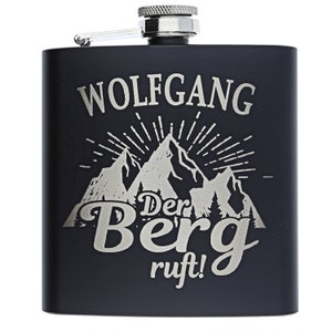 Stainless steel Flachmann Matt black with engraving of the name Motif The mountain calls for the wedding Outdoor Camping Travel