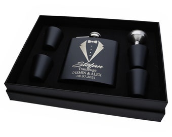 Stainless steel hip flask SET black with personalized engraving of the name motif BEST MAN for the wedding