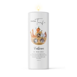 Baptism Candle Boy Girl Motif Arche Cross printed with Name, Date Baptism Saying