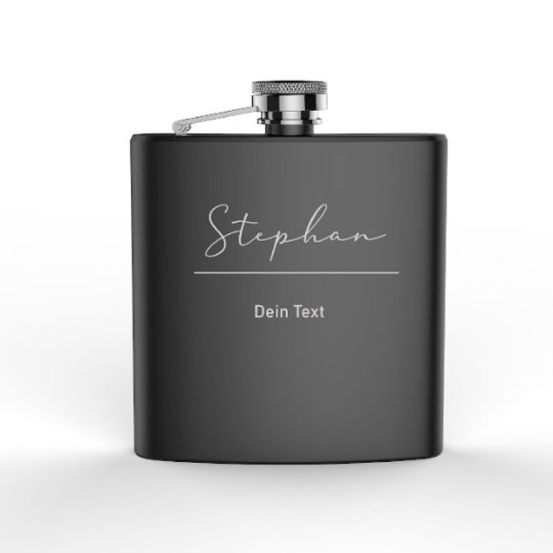 Stainless steel hip flask matt black with engraving of the name and text of your choice image 2