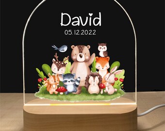 Veilleuse personnalisée animaux de la forêt | Cadeau naissance bébé | Veilleuse bébé | Lampe de nuit arc-en-ciel | Cadeau de naissance, bébé