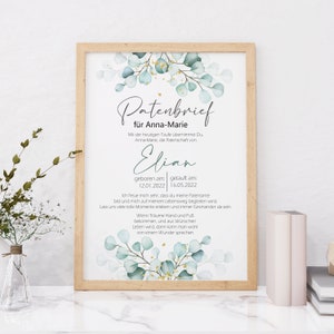 PATENBRIEF Green Leaf personalisiert als Geschenk zur Taufe, Paten, Patentante, Patenonkel, Poster, Patenkind, Taufbrief,