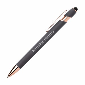 Personalisierter Kugelschreiber mit Gravur Soft Touch Roségold Stift Grau