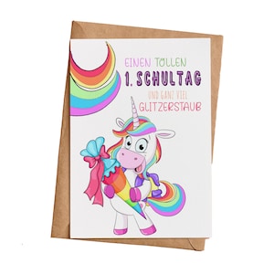 Kaart voor schoolinschrijving voor kinderen, Eindelijk een schoolkind glitter, jongen meisje, DIN A6 kaart met natuurlijke envelop