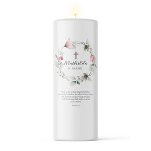 Baptism Candle Boy Girl Motif Rose printed with Name, Date Baptism Saying