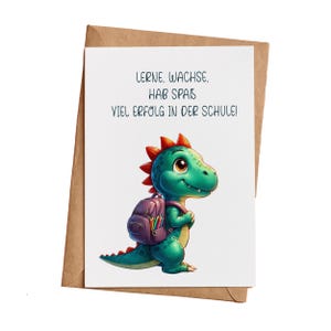 Kaart voor schoolinschrijving voor kinderen, Eindelijk een schoolkind Dino, Jongen Meisje, DIN A6 kaart met natuurlijke envelop