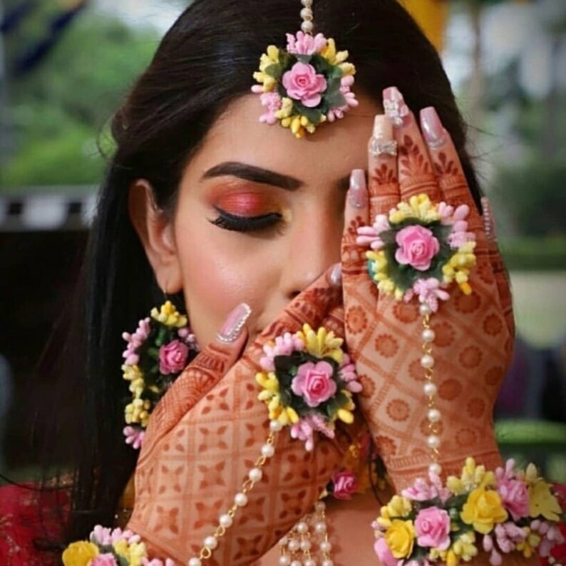 Pink and Yellow Floral Haldi Mehandi Wedding Bridal Necklace Etsy