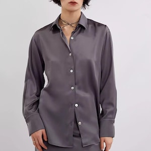 Silk Blouse With Long Sleeves Grey Oversized Button Down Shirt Bishop Sleeve Silk Vest Loose Fitting Satin Top Elegant Casual Office Blouse