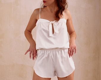 Silk Satin Romper: Bridal Pajamas, Jumpsuit, Shorts pajama set, One peace sleepwear, Bride getting ready outfit