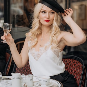 Classic Women&#39;s Simple silk top with lace detail, Silk Satin Blouse, Tops Sleeveless Vest Tank Camisole, Silk Blouse Bridesmaids white Cami