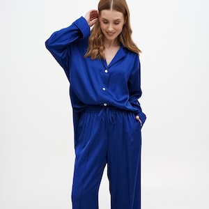 Silk blouse and Wide loose pants Oversized loungewear pajama set Button down shirt and pants Satin pajama outfit Long sleeve blouse Silk top