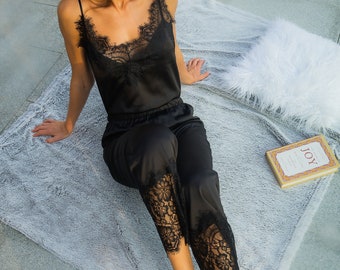 Silk pajama set with lace Bridal satin sleepwear Lace tank top and pants Silk Camisole deep V neck Loungewear Bridesmaid gift Gift for her