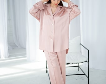 Oversized silk set for women Loose blouse Wide loose pants Silk pajama set Shirt and pants Silk suit in pajama style outfit Loungewear set
