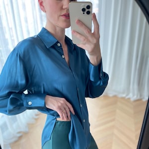 Silk Blouse With Long Sleeves Teal blue Oversized Button Down Shirt Bishop Sleeve Silk Vest Loose Fitting Satin Top Relaxed fit Casual
