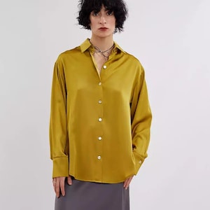 Silk Blouse With Long Sleeves Gold Mustard Oversized Button Down Shirt Bishop Sleeve Silk Vest Loose Fitting Satin Top Relaxed fit Casual
