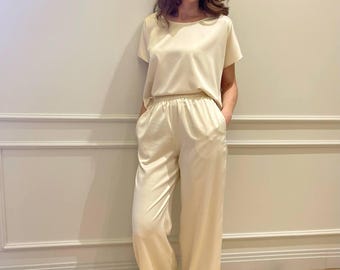 Silk satin pajama set Satin pajama top and shorts set Silk pajama pants Silk sleepwear Silk satin sleep set nightwear Women's silk pajamas