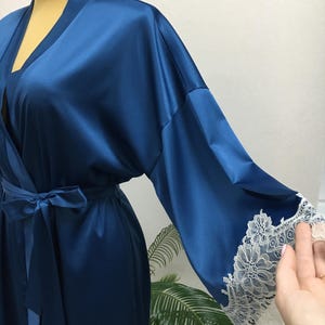 Bridal robe and nightgown set Silk robe kimono with lace trim Negligee Satin Midi slip dress Getting ready peignoir Lace robe with slip set image 8