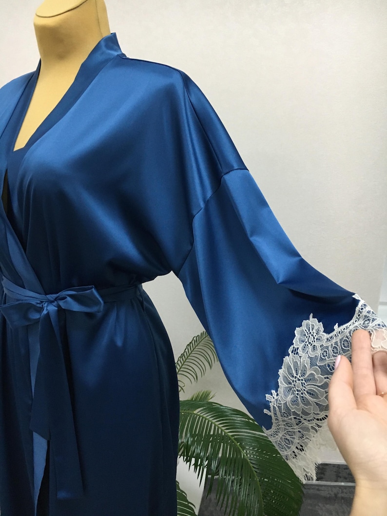 Bridal robe and nightgown set Silk robe kimono with lace trim Negligee Satin Midi slip dress Getting ready peignoir Lace robe with slip set image 8